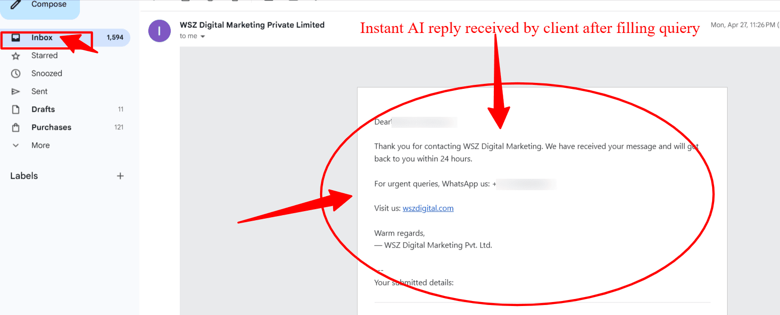 Instant automated confirmation email sent immediately after a contact form submission